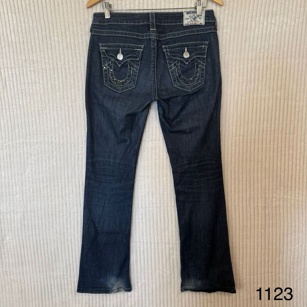 True Religion Jeans Womens Sz 28 Bootcut Denim Rhinestones Flap Pockets Y2K